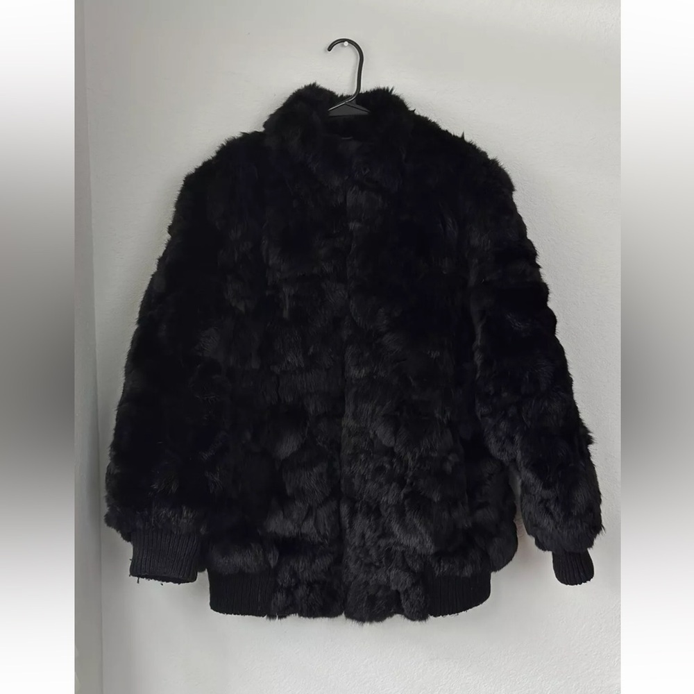Women’s Vintage Niki Black Dyed Rabbit Fur Jacket Coat Satin Lined Size Medium